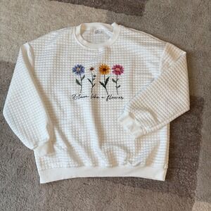 Bloom Like‎ A Flower White Quilted Waffle Knit Sweatshirt Floral Graphic XXL